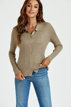 Morgan collar Double Breasted Knit Top In Beige