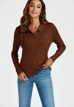 Morgan collar Double Breasted Knit Top In Brown