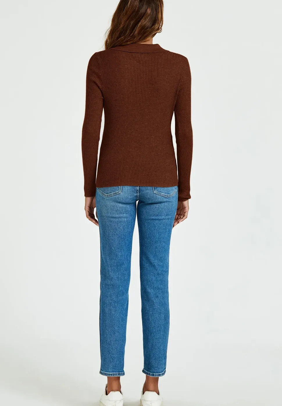 Morgan collar Double Breasted Knit Top In Brown