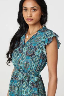 Mosaic Print Frill Tie Waist Short Dress