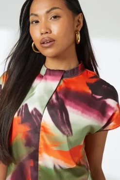 Multi Brushstroke Print Drape Knot Front Shell Top
