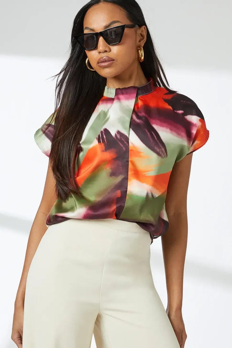 Multi Brushstroke Print Drape Knot Front Shell Top