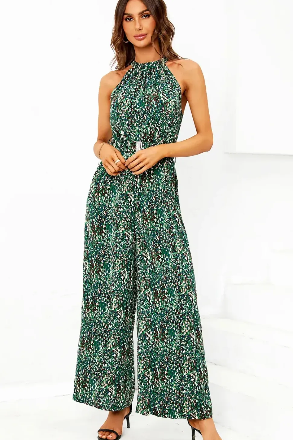 Multi Color Print Halter Neck Jumpsuit In Green