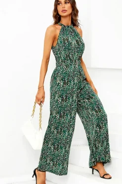 Multi Color Print Halter Neck Jumpsuit In Green