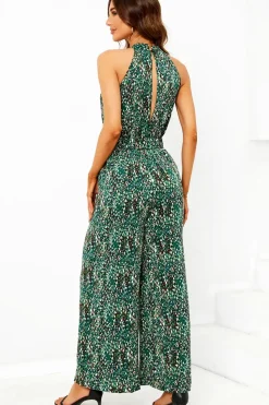 Multi Color Print Halter Neck Jumpsuit In Green