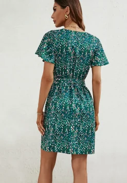 Multi Colour Abstract Floral Print Wrap Top Mini Dress In Green