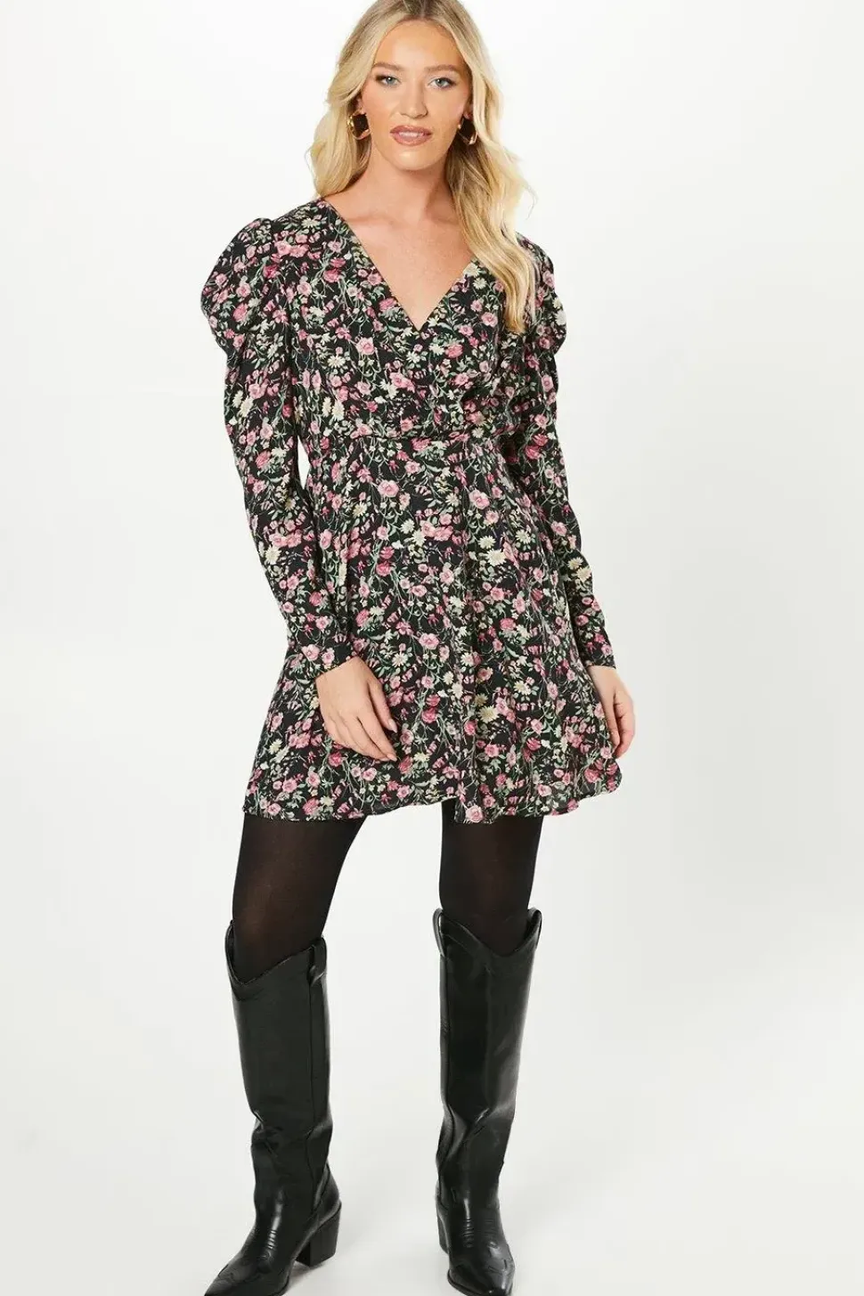 Multi Ditsy Empire Wrap Long Sleeve Mini Dress