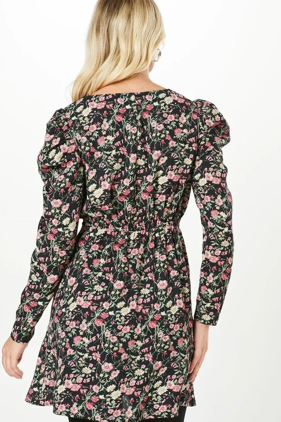 Multi Ditsy Empire Wrap Long Sleeve Mini Dress