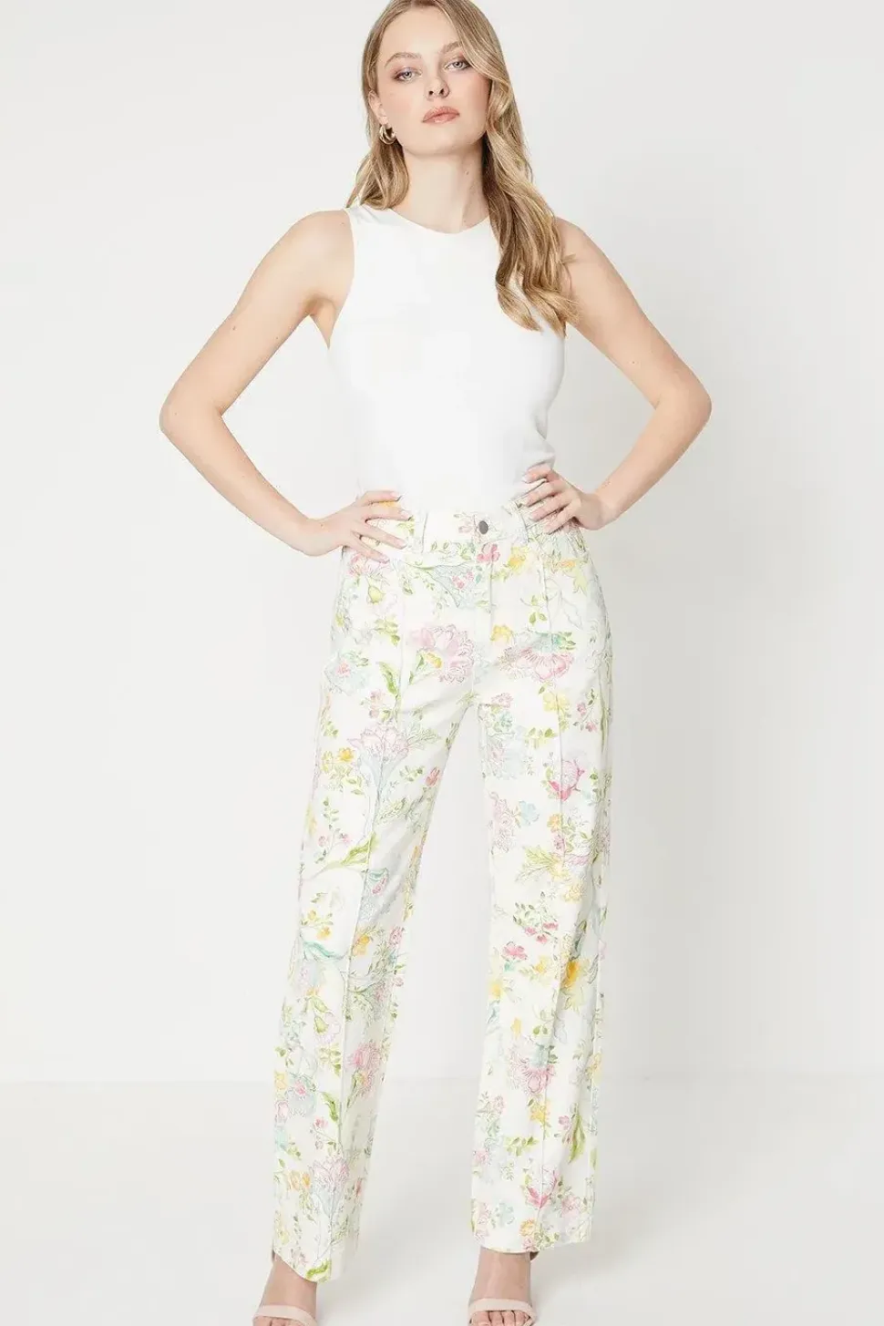 Multi Floral Printed Denim Straight Leg Jean
