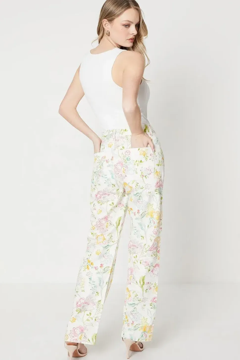 Multi Floral Printed Denim Straight Leg Jean