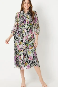 Multi Patchwork Floral Cold Shoulder Shirt Dress