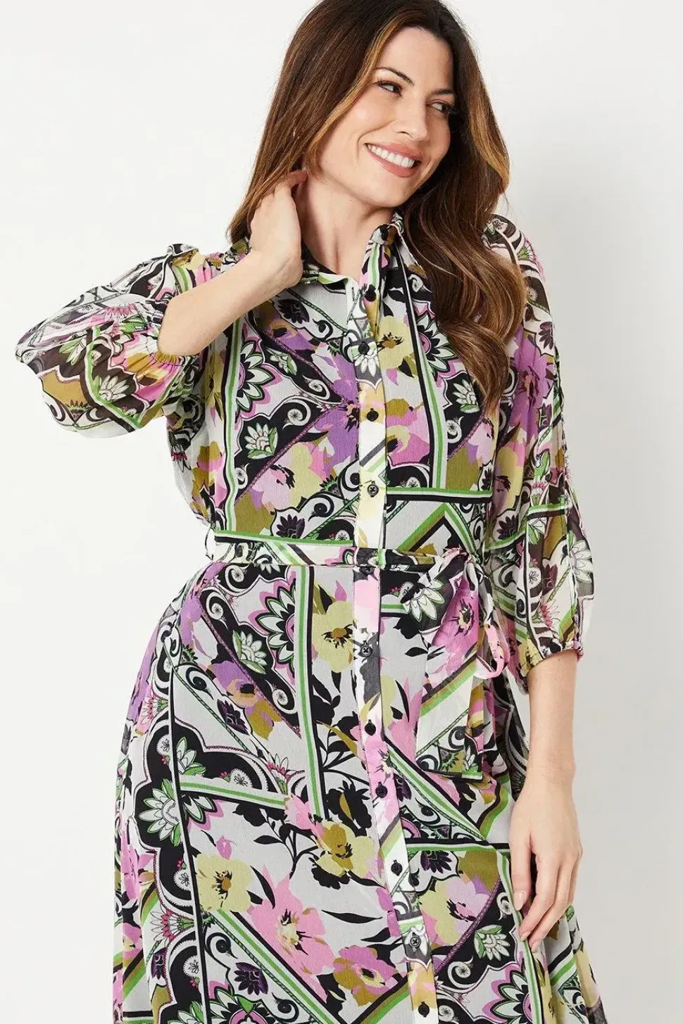 Multi Patchwork Floral Cold Shoulder Shirt Dress