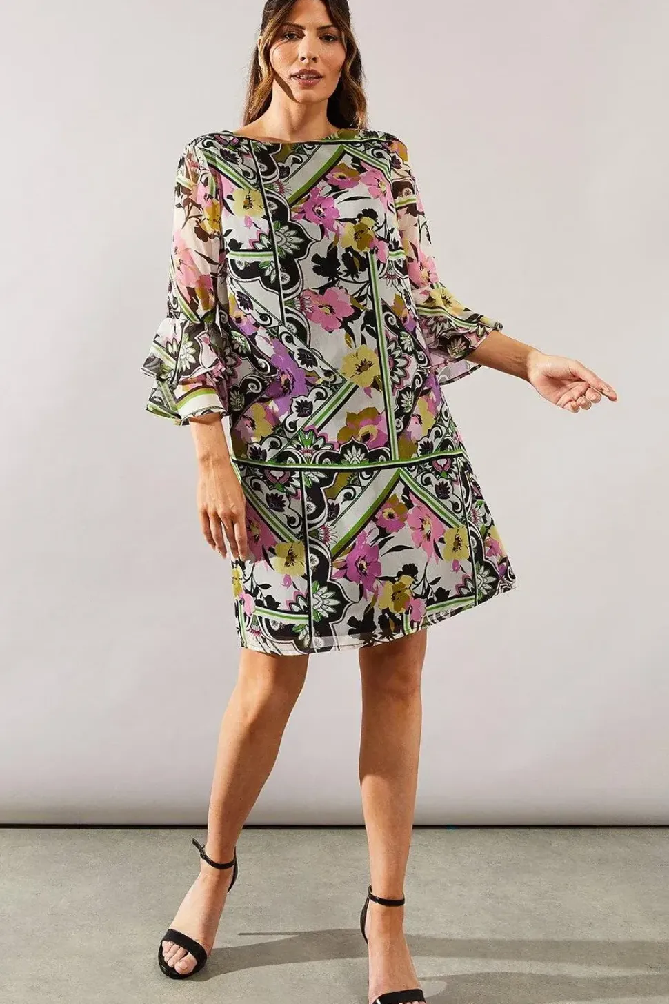 Multi Patchwork Fluted Sleeve Shift Dress