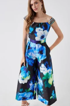 Multi Strap Mesh Insert Printed Twill Jumpsuit