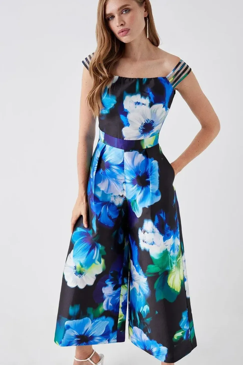 Multi Strap Mesh Insert Printed Twill Jumpsuit
