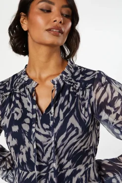 Navy Animal Chiffon Ruffle Hem Long Sleeve Mini Dress
