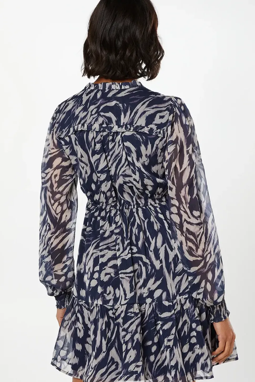 Navy Animal Chiffon Ruffle Hem Long Sleeve Mini Dress