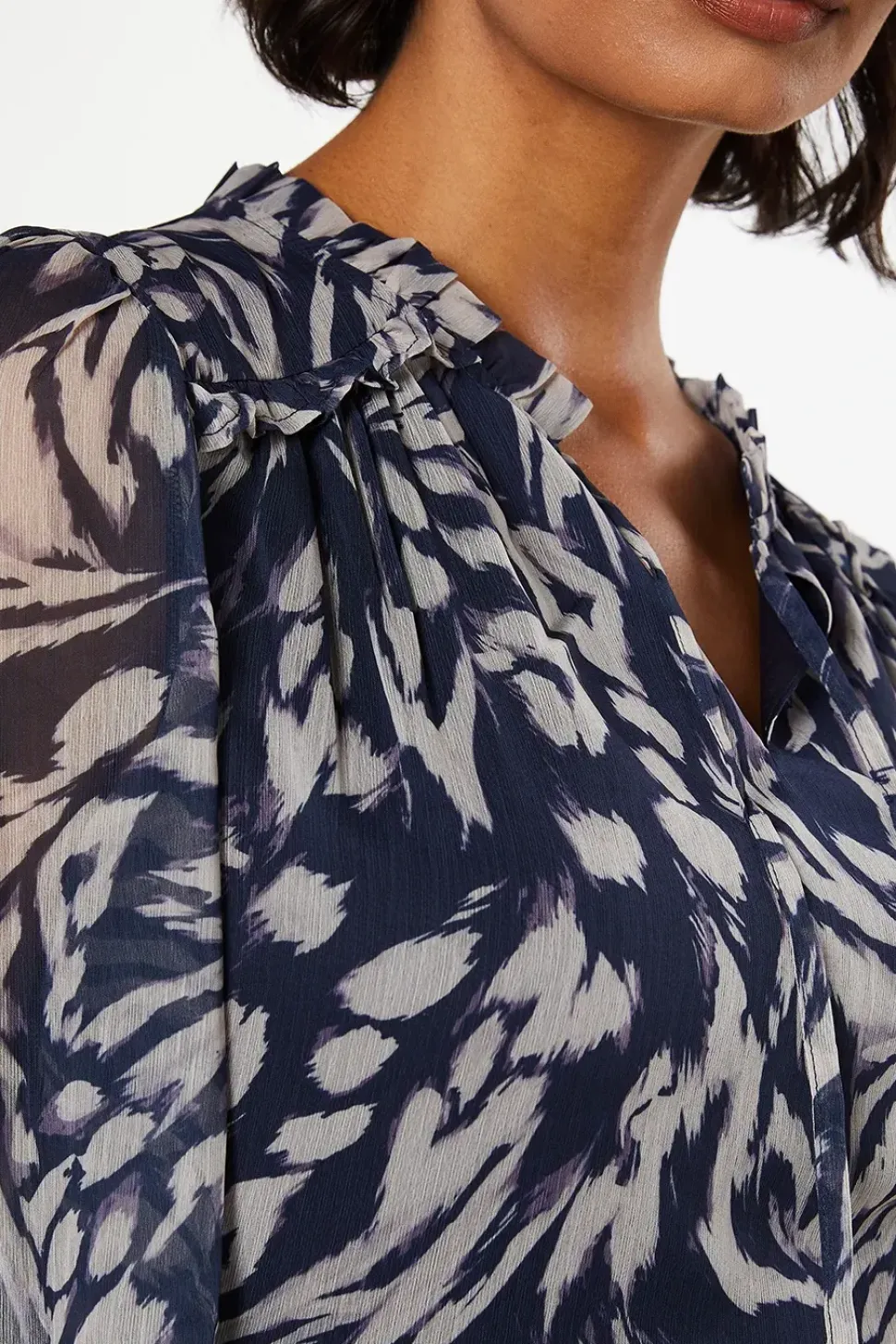 Navy Animal Chiffon Ruffle Hem Long Sleeve Mini Dress