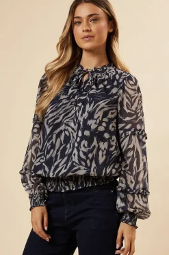 Navy Animal Chiffon Ruffle Sleeve Shirred Hem Blouse