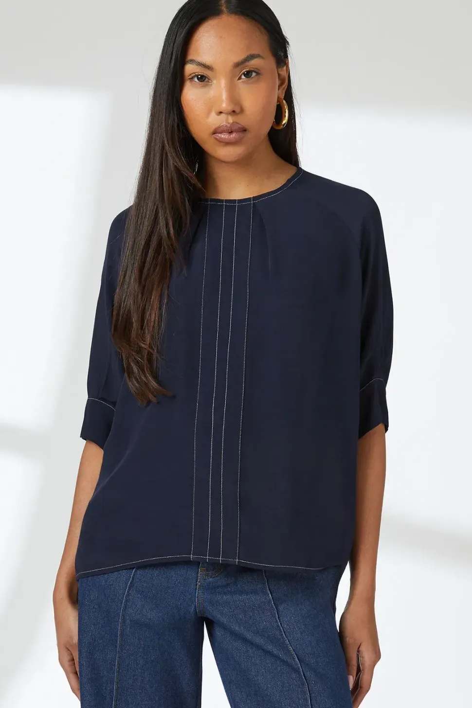 Navy Brogan Stitch Detail Top