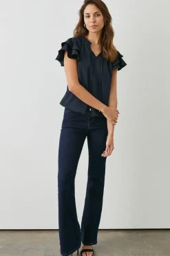 Navy Bubble Hem Flute Sleeve Top