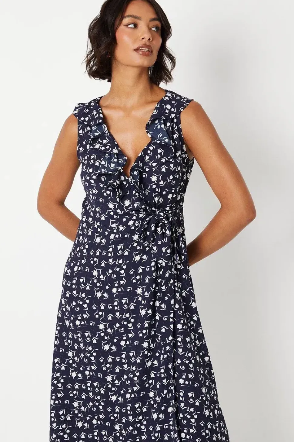 Navy Ditsy Frill Neck Detail Wrap Midi Dress