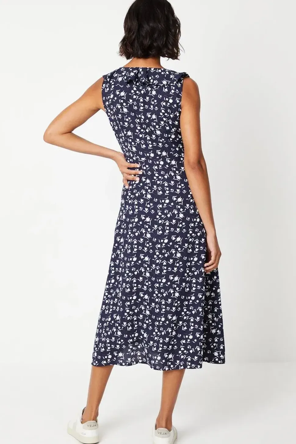 Navy Ditsy Frill Neck Detail Wrap Midi Dress