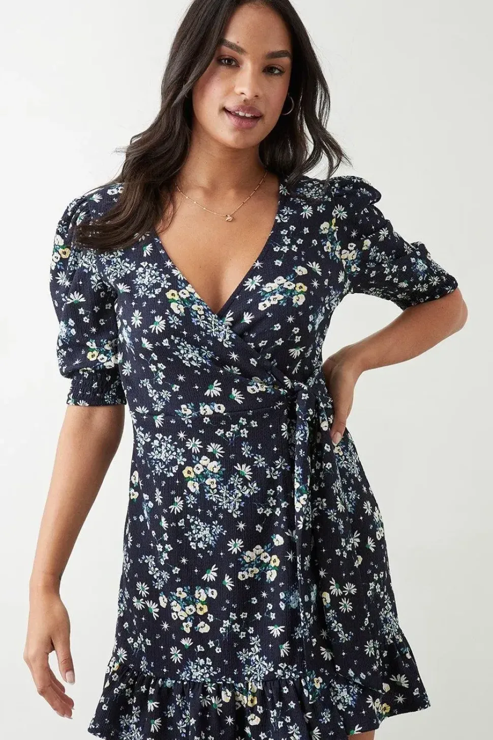 Navy Ditsy Print Wrap Mini Dress