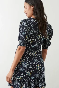 Navy Ditsy Print Wrap Mini Dress