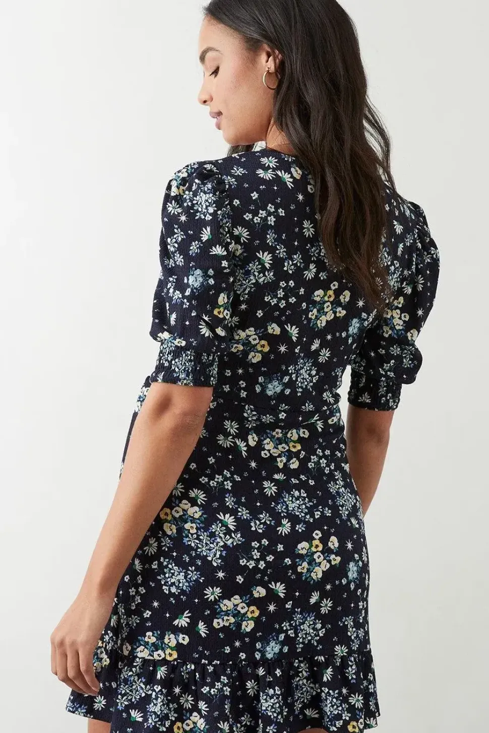 Navy Ditsy Print Wrap Mini Dress