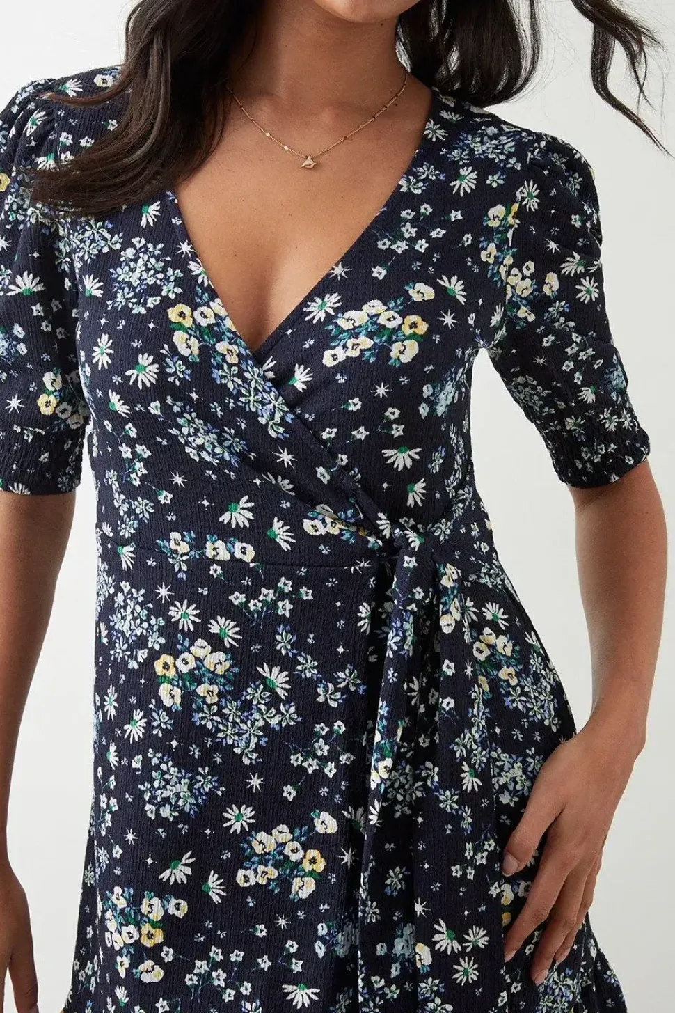 Navy Ditsy Print Wrap Mini Dress