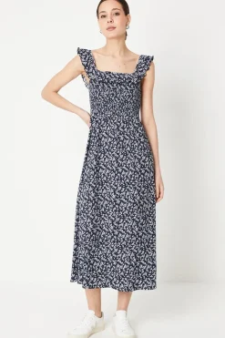 Navy Ditsy Shirred Bodice Ruffle Detail Midi Dress
