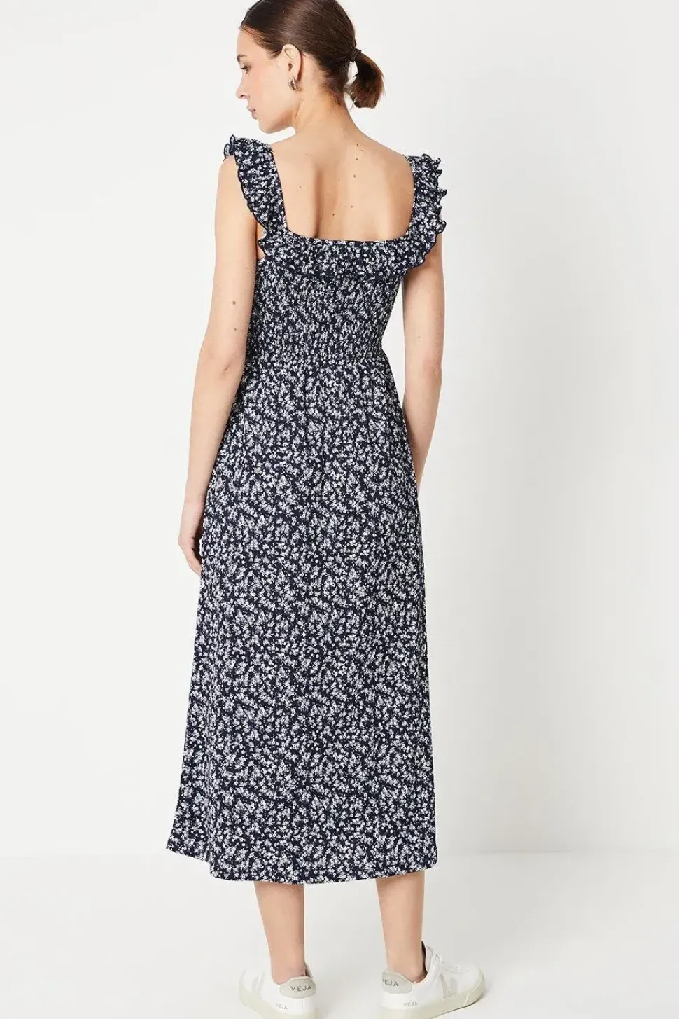 Navy Ditsy Shirred Bodice Ruffle Detail Midi Dress