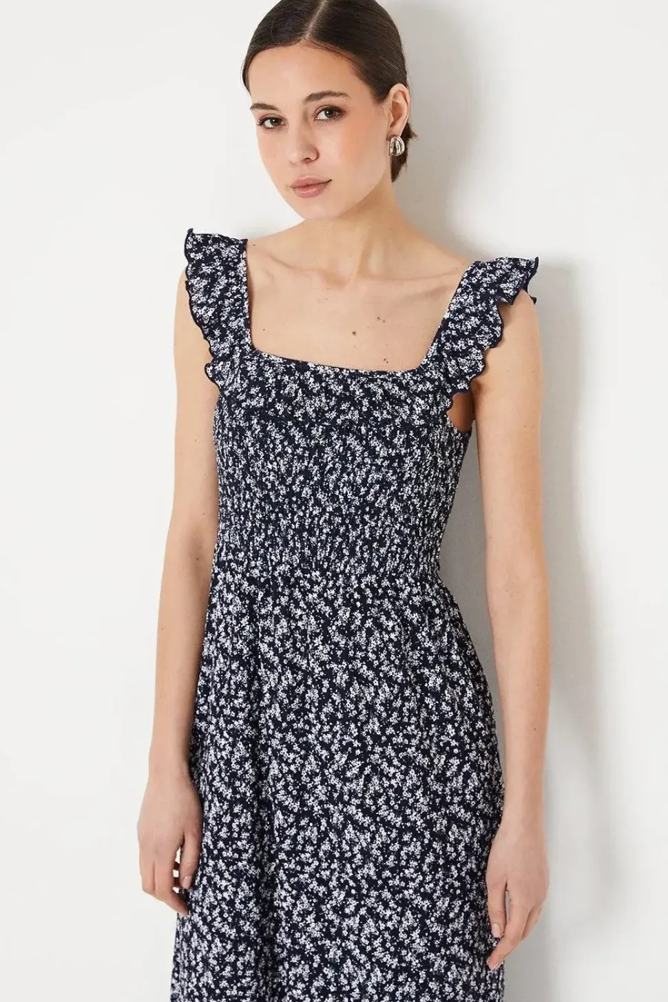 Navy Ditsy Shirred Bodice Ruffle Detail Midi Dress