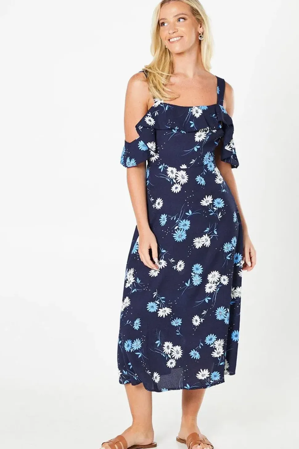 Navy Floral Ruffle Strappy Bardot Midi Dress