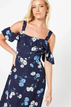 Navy Floral Ruffle Strappy Bardot Midi Dress