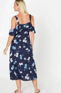 Navy Floral Ruffle Strappy Bardot Midi Dress