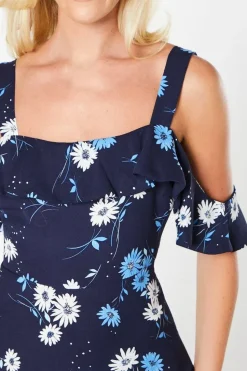 Navy Floral Ruffle Strappy Bardot Midi Dress