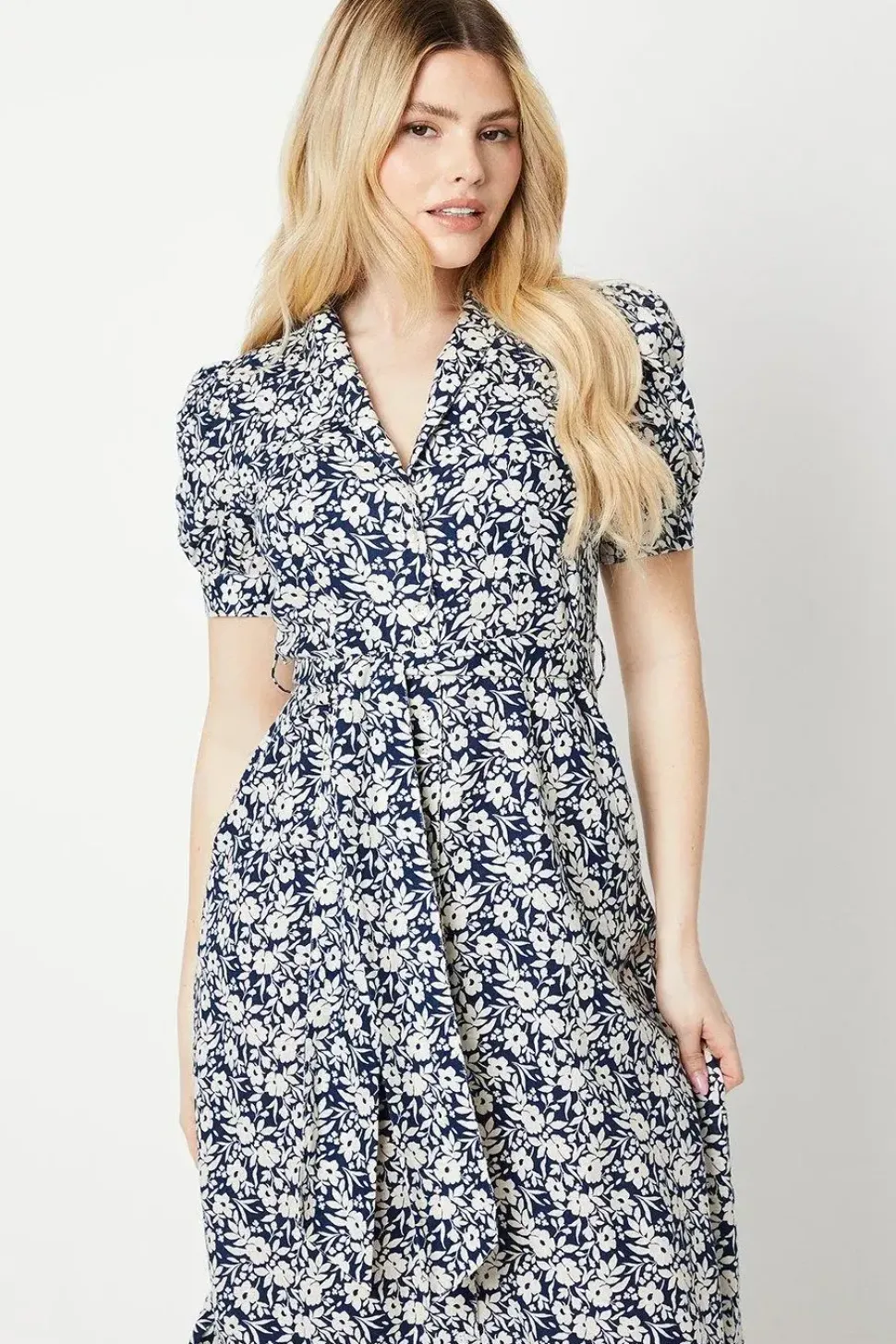 Navy Floral Tiered Hem Shirt Dress