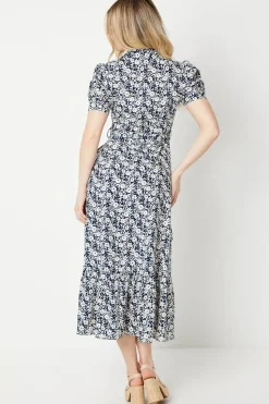 Navy Floral Tiered Hem Shirt Dress