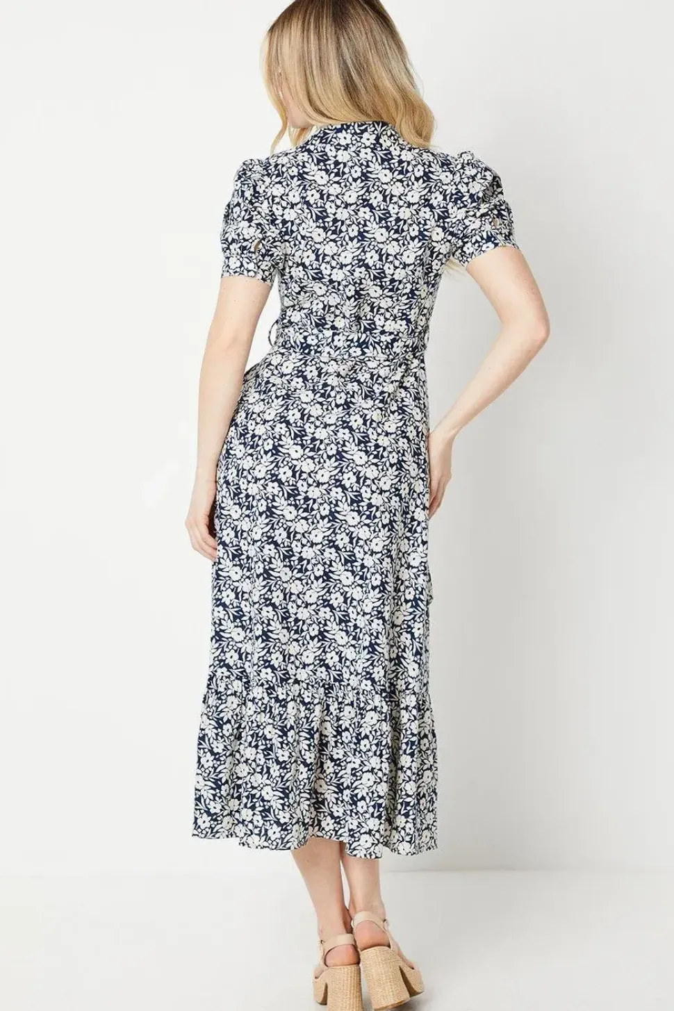 Navy Floral Tiered Hem Shirt Dress