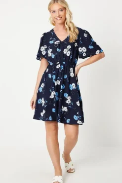 Navy Floral V Neck Tie Front Mini Dress