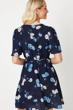 Navy Floral V Neck Tie Front Mini Dress