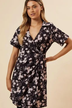 Navy Floral Wrap Mini Dress