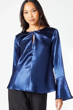 Navy Keyhole Detail Satin Top