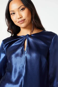 Navy Keyhole Detail Satin Top