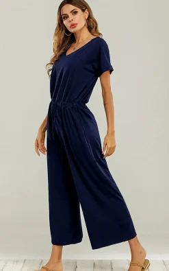 Navy Loose Jumpsuit With Short Sleeve