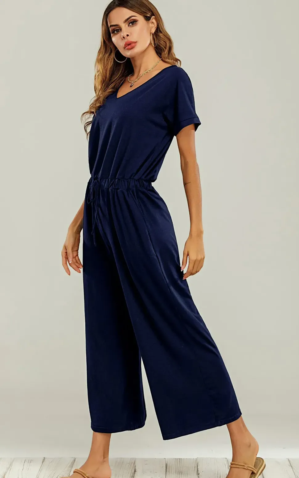 Navy Loose Jumpsuit With Short Sleeve