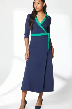 Navy Ponte Contrast Wrap Dress