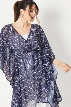 Navy Spot Chiffon Kaftan Dress